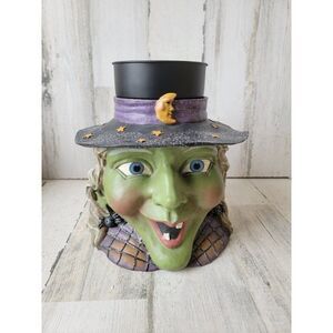 Pillar candle holder evil witch face hat Moon glitter spider Halloween home deco